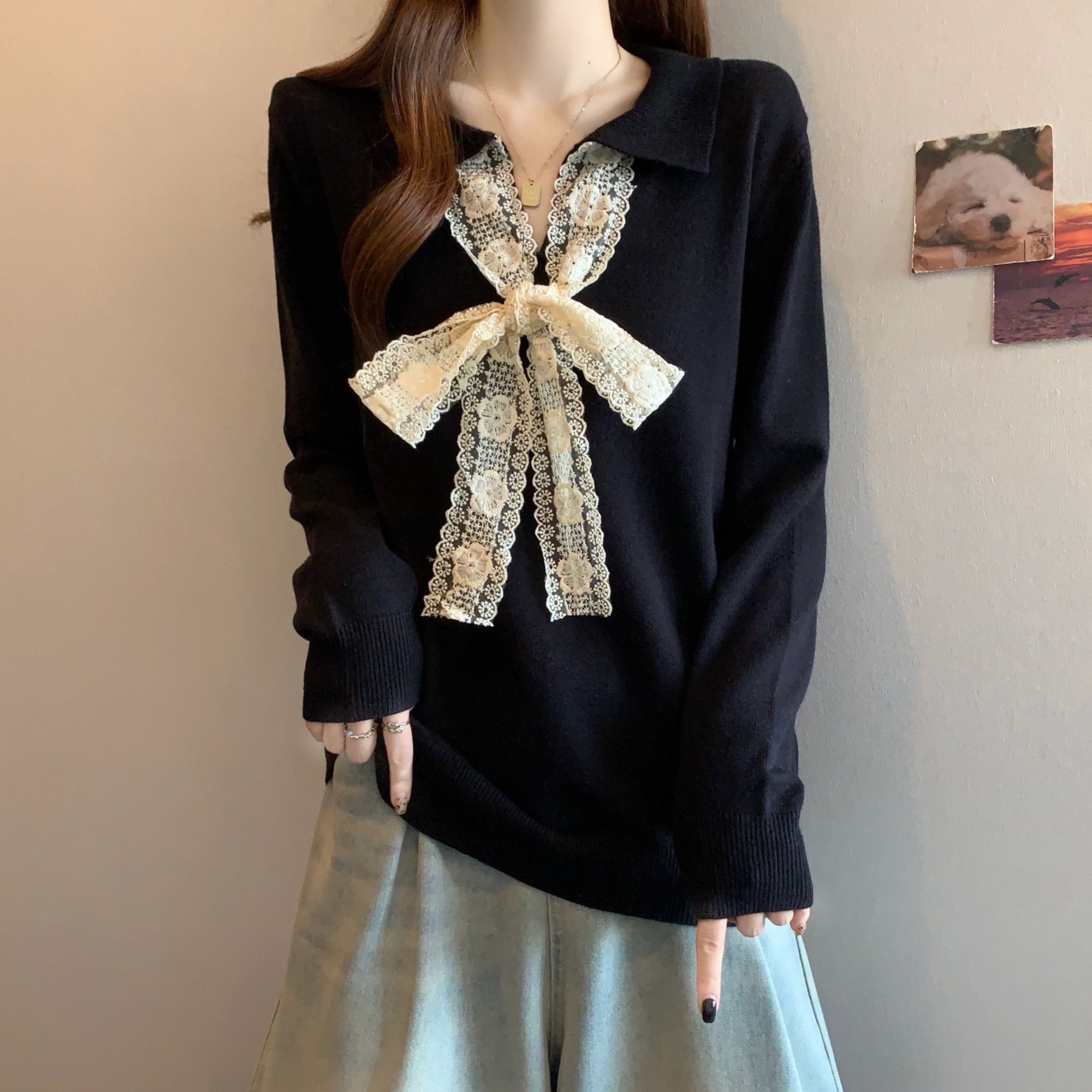大码POLO领蕾丝蝴蝶结长袖针织衫女春秋胖MM宽松显瘦洋气打底毛衣