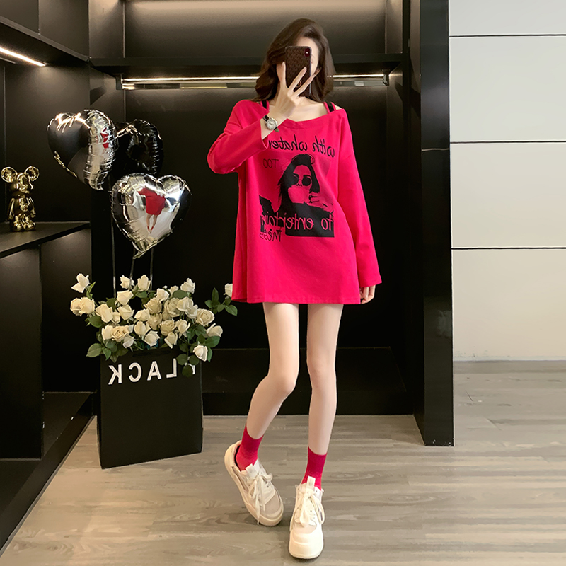 网红时尚炸街新款女装长袖秋装内搭T恤宽松大码中长款秋冬打底衫