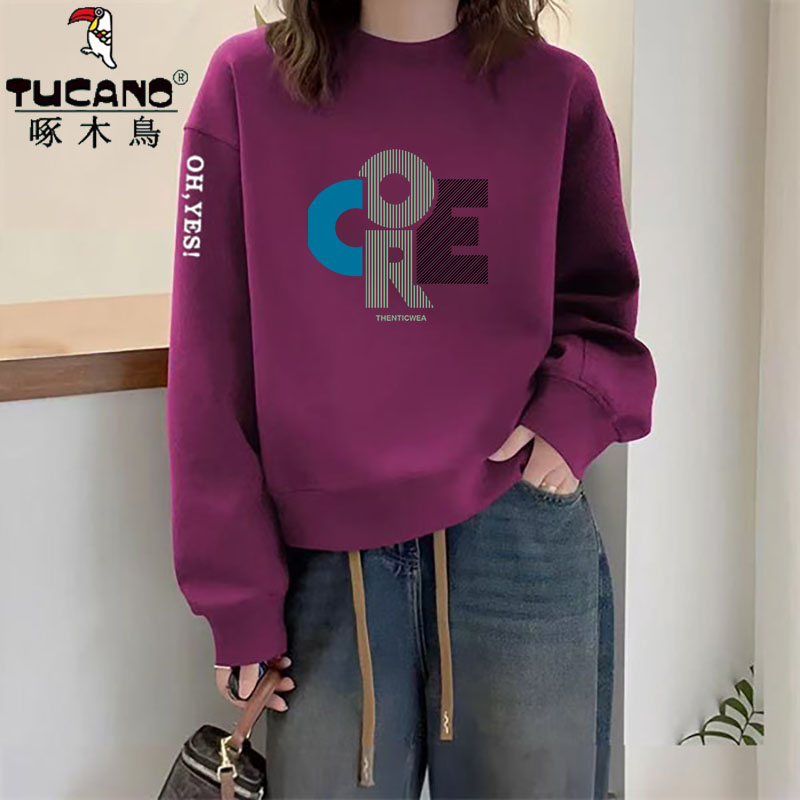 啄木鸟纯棉卫衣新款减龄爆款时尚洋气简约圆领大码显瘦宽松长袖潮