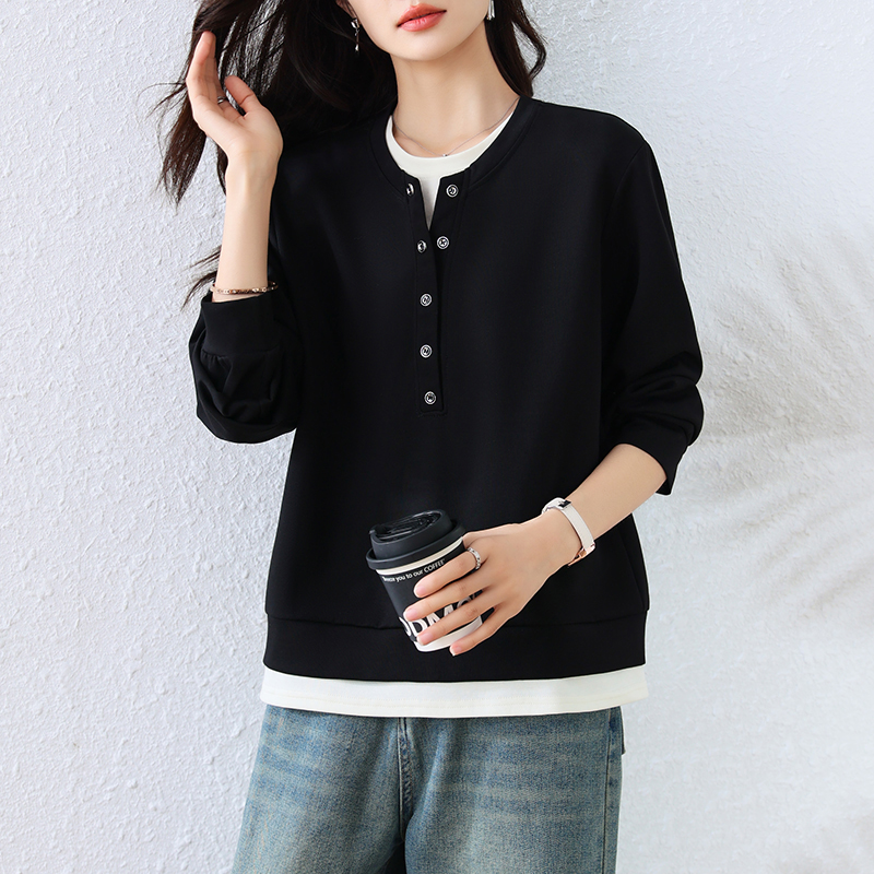 打底衫假两件黑色卫衣女洋气长袖新款内搭韩版上衣百搭大码女装