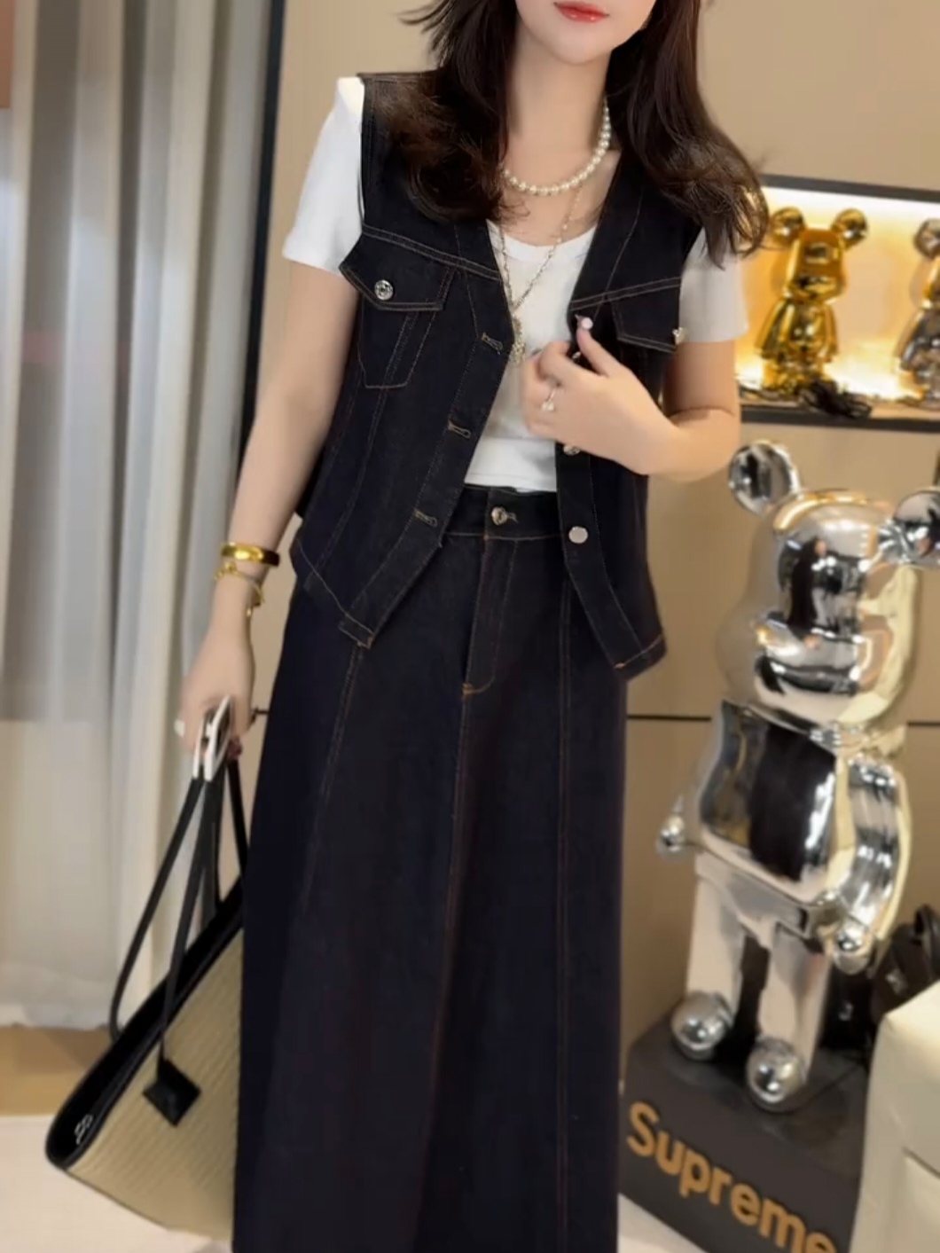 女森说秋季时尚减龄牛仔套装女无袖马甲外套牛仔半身裙显瘦两件套