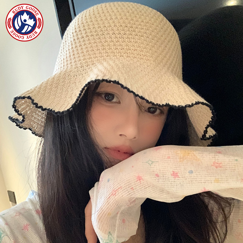 RUDY GOOSE日系百搭花边编织渔夫帽子女夏季显脸小透气防晒太阳帽