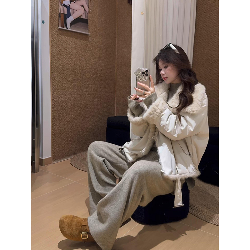 parkyeon秋冬新款毛领加厚保暖派克服棉服外套屁帘休闲阔腿裤套装