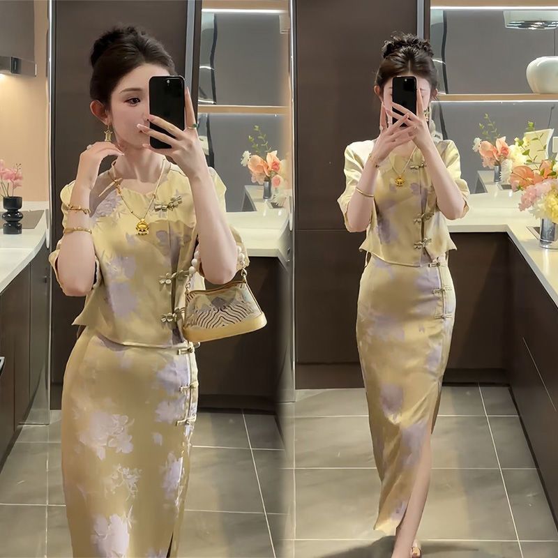 YY单套装新中式套装女夏季新款高级感小个子短款上衣包臀裙套装SM