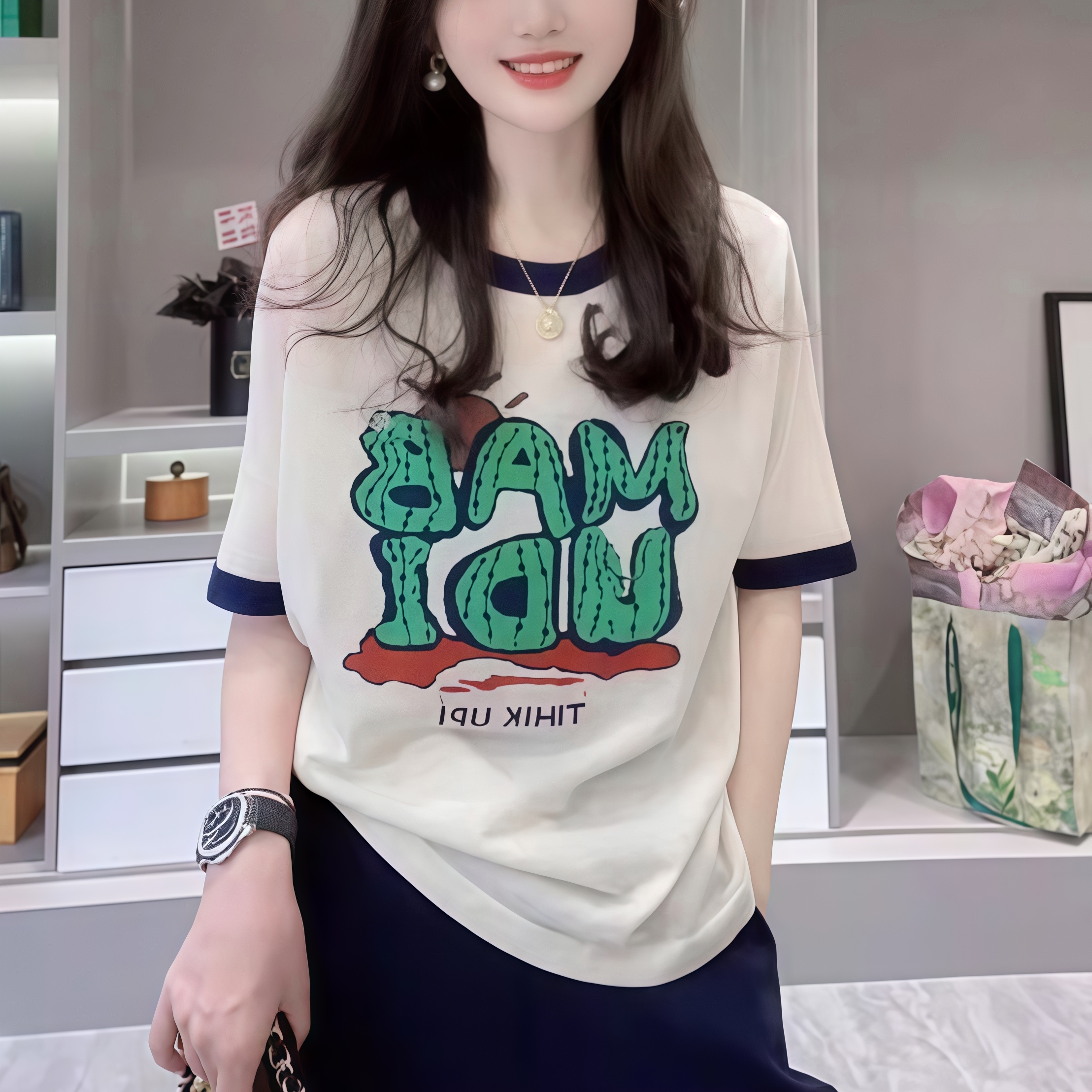 2025夏季撞色冰丝短袖t恤女士宽松新款竹节麻时尚显瘦针织衫上衣