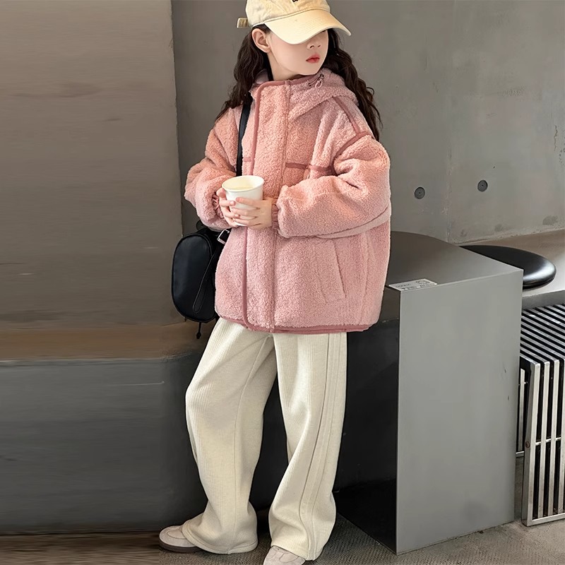 女童加绒外套秋冬装2025新款女大童羊羔绒加厚棉服儿童夹棉毛毛衣