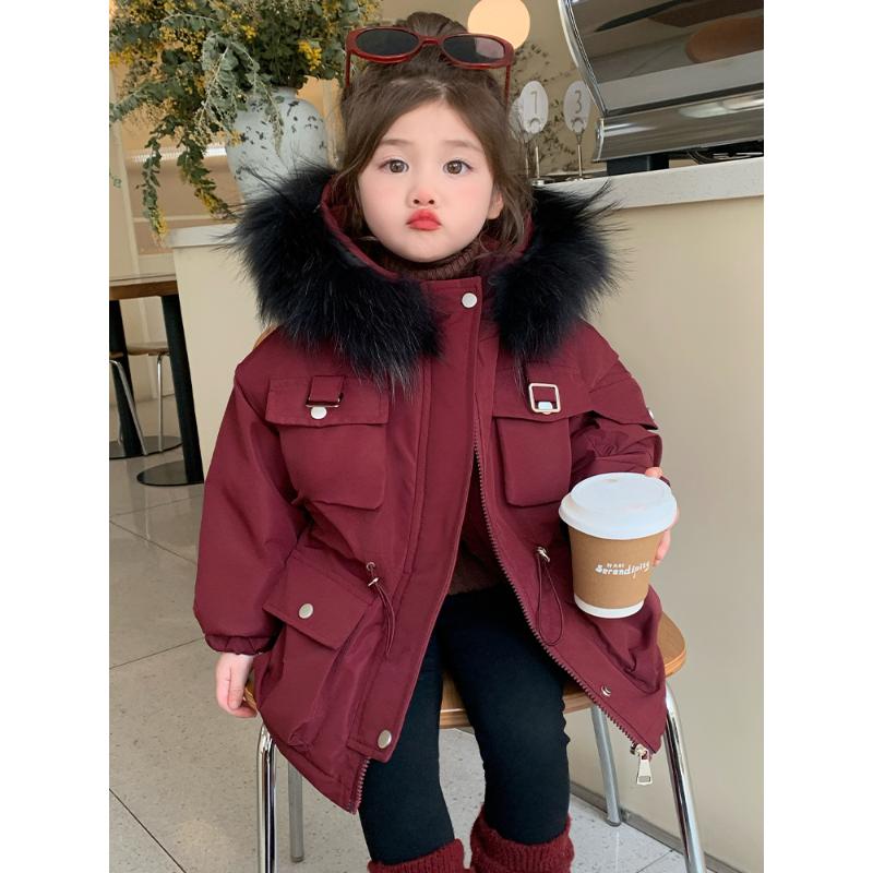 女童超好看冬装加绒加厚外套2025新款小女孩连帽风衣中长款派克服