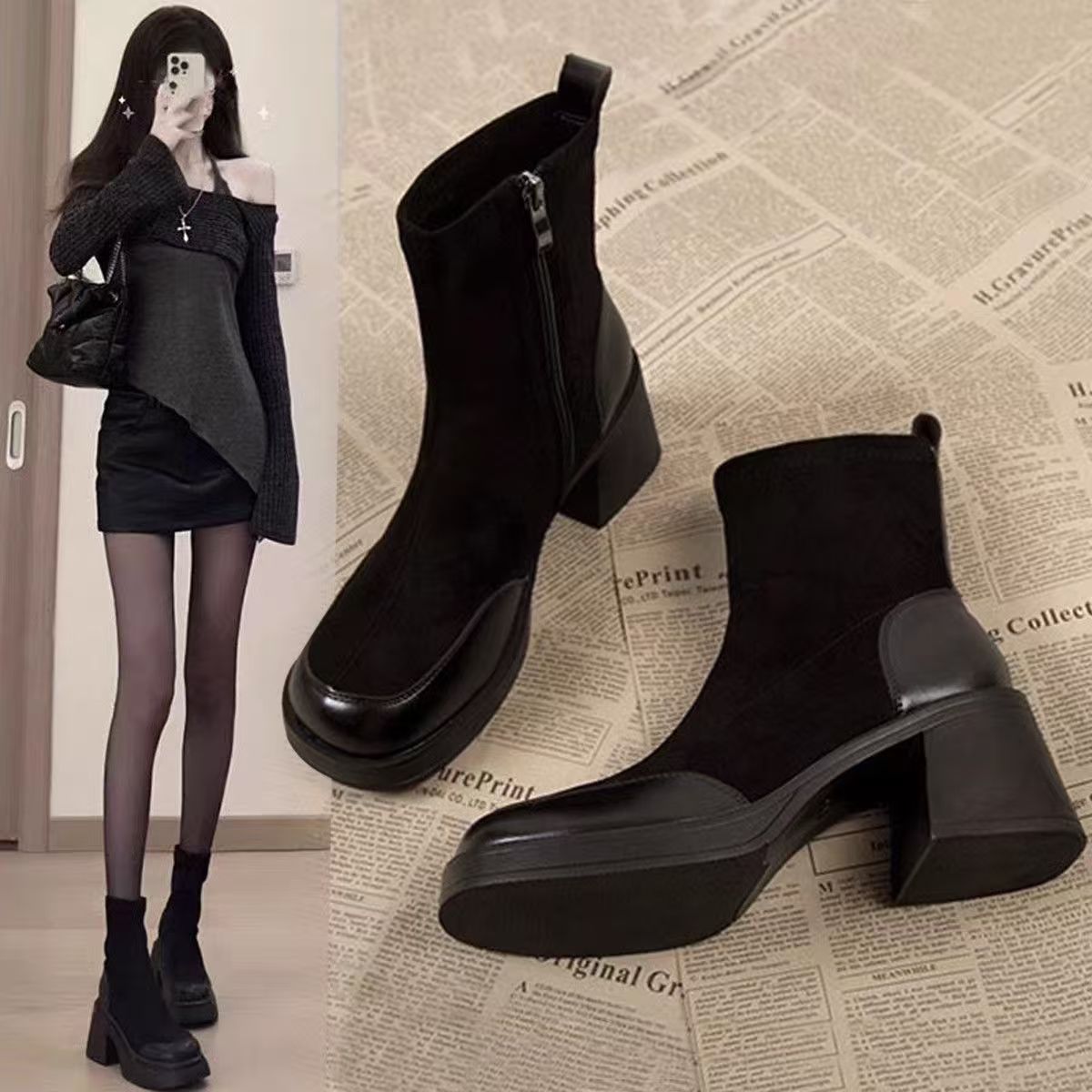 法式高跟马丁靴女短靴2025秋冬新款韩系小踝靴厚底粗跟弹力瘦瘦靴