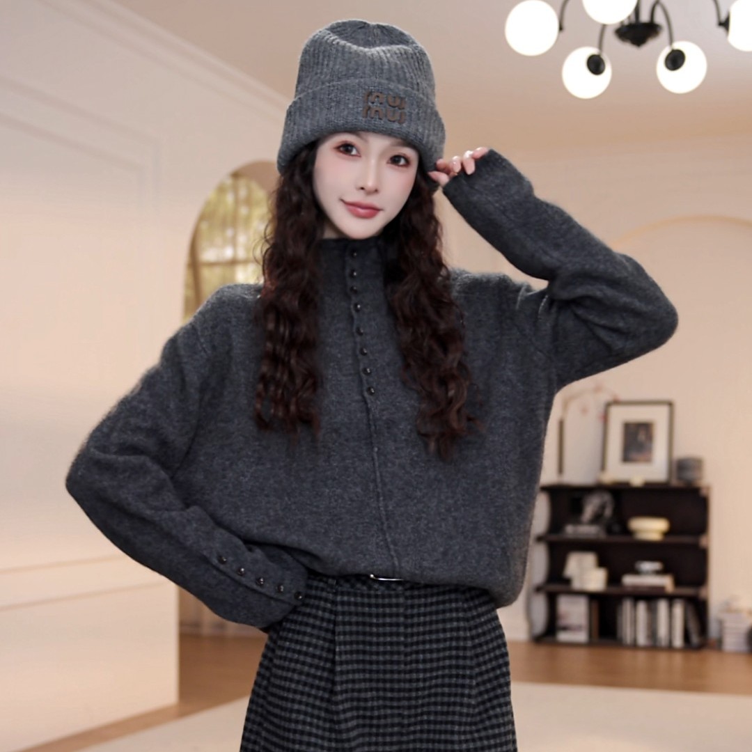 拉夏贝尔灰色半高领套头毛衣女2025秋冬内搭宽松高级感打底针织衫