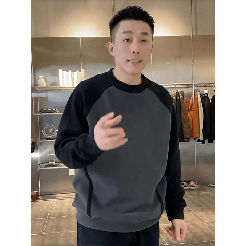 时尚百搭灰色撞色拼接长袖卫衣男士秋冬宽松圆领插肩袖休闲打底衫