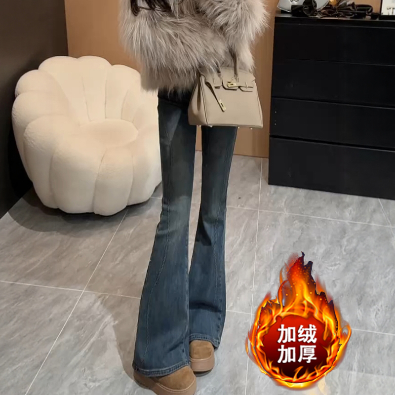 2025秋冬新款复古高腰微喇牛仔裤大码女装弹力显瘦修身喇叭长裤子