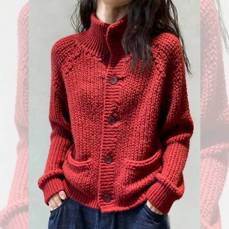 别致独特漂亮红色高领针织小衫毛衣女装秋冬洋气时髦气质开衫上衣