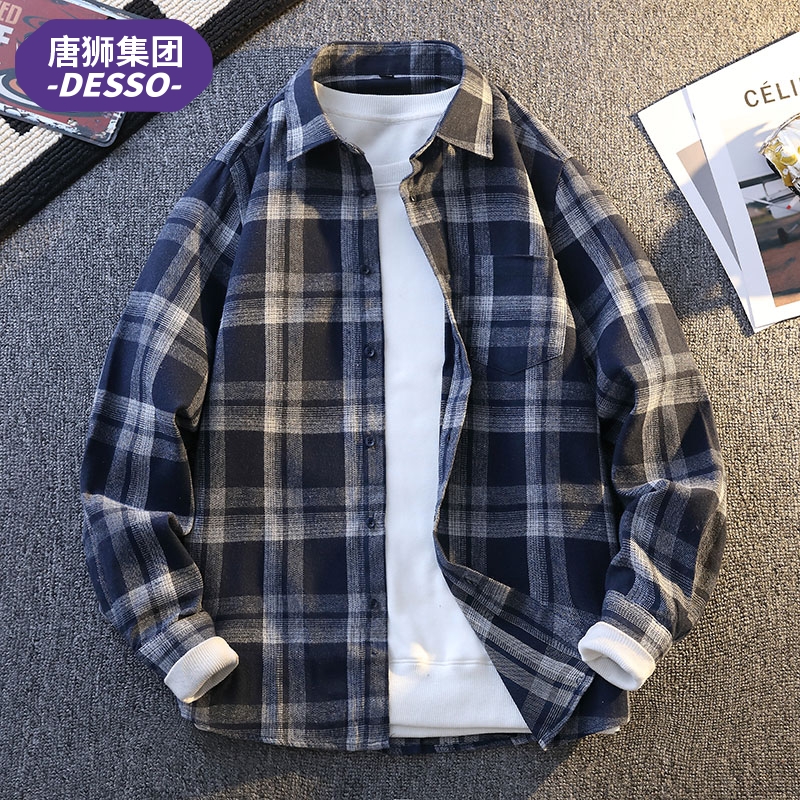 唐狮集团DESSO日系格子长袖衬衫男春季休闲宽松百搭衬衣潮流外套