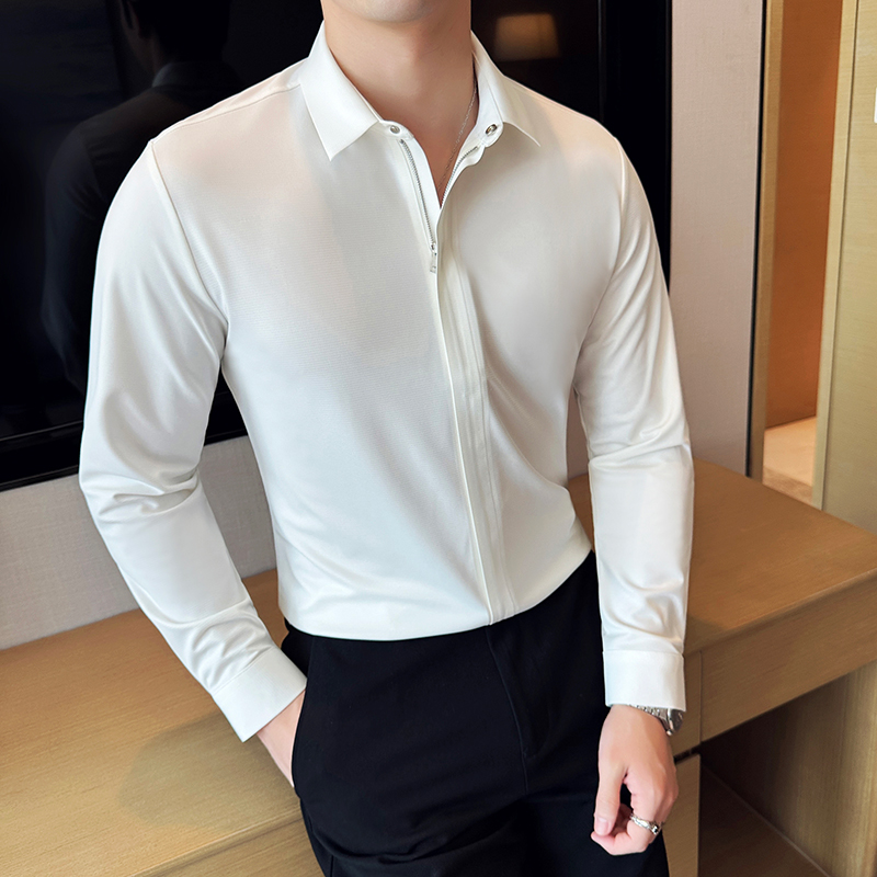 男士商务长袖衬衣弹力男士商务通勤白寸衫暗门襟拉链POLO领衬衫男