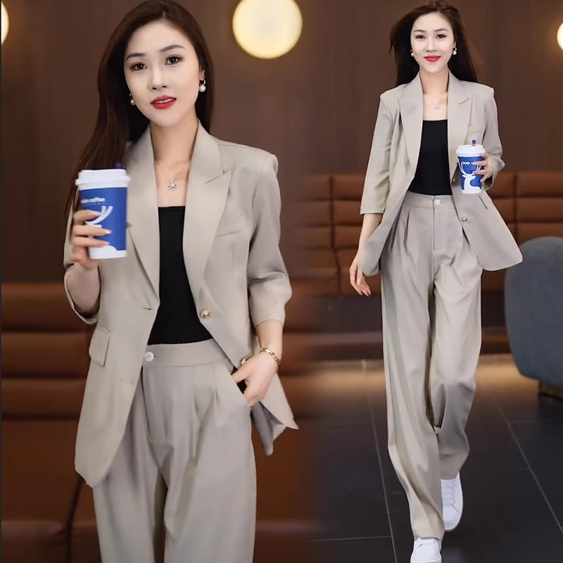 时尚西装套装女2025春夏新款宽松显瘦休闲七分袖西服阔腿裤两件套