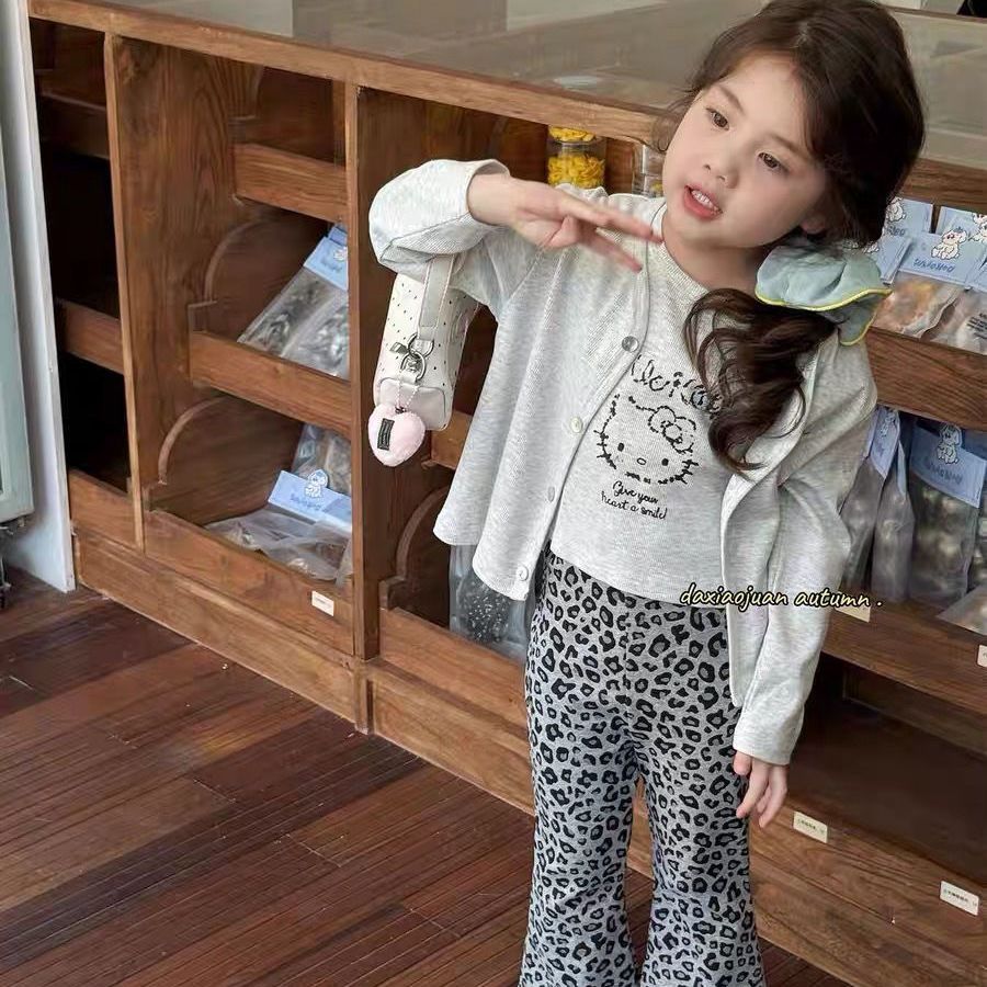 2025新款女童春秋洋气套装儿童背心宝宝开衫韩版豹纹休闲裤阔腿裤