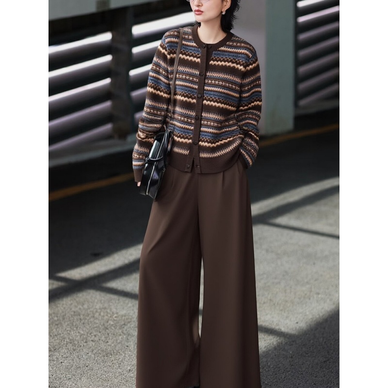 高级感巨好看的套装女冬季新款咖色花纹针织上衣同色休闲裤两件套
