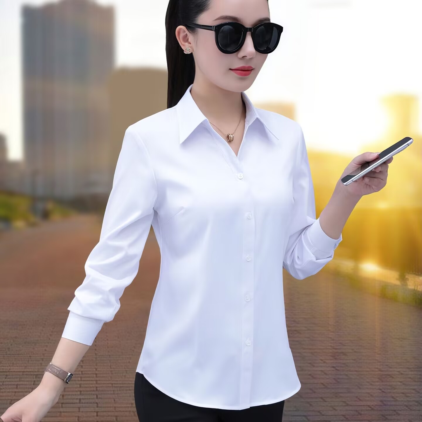 V领职业衬衫女长袖2025春秋新款百搭修身正装工作服韩版白色上衣