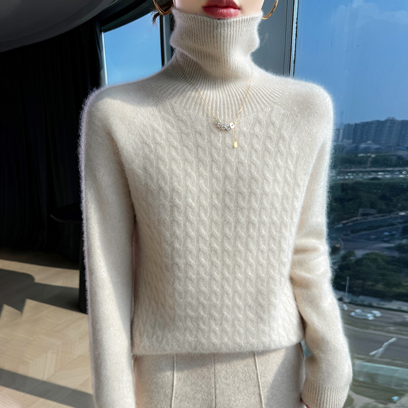 鄂尓都斯市2025新款100羊绒衫女高翻领宽松针织打底毛衣麻花秋冬