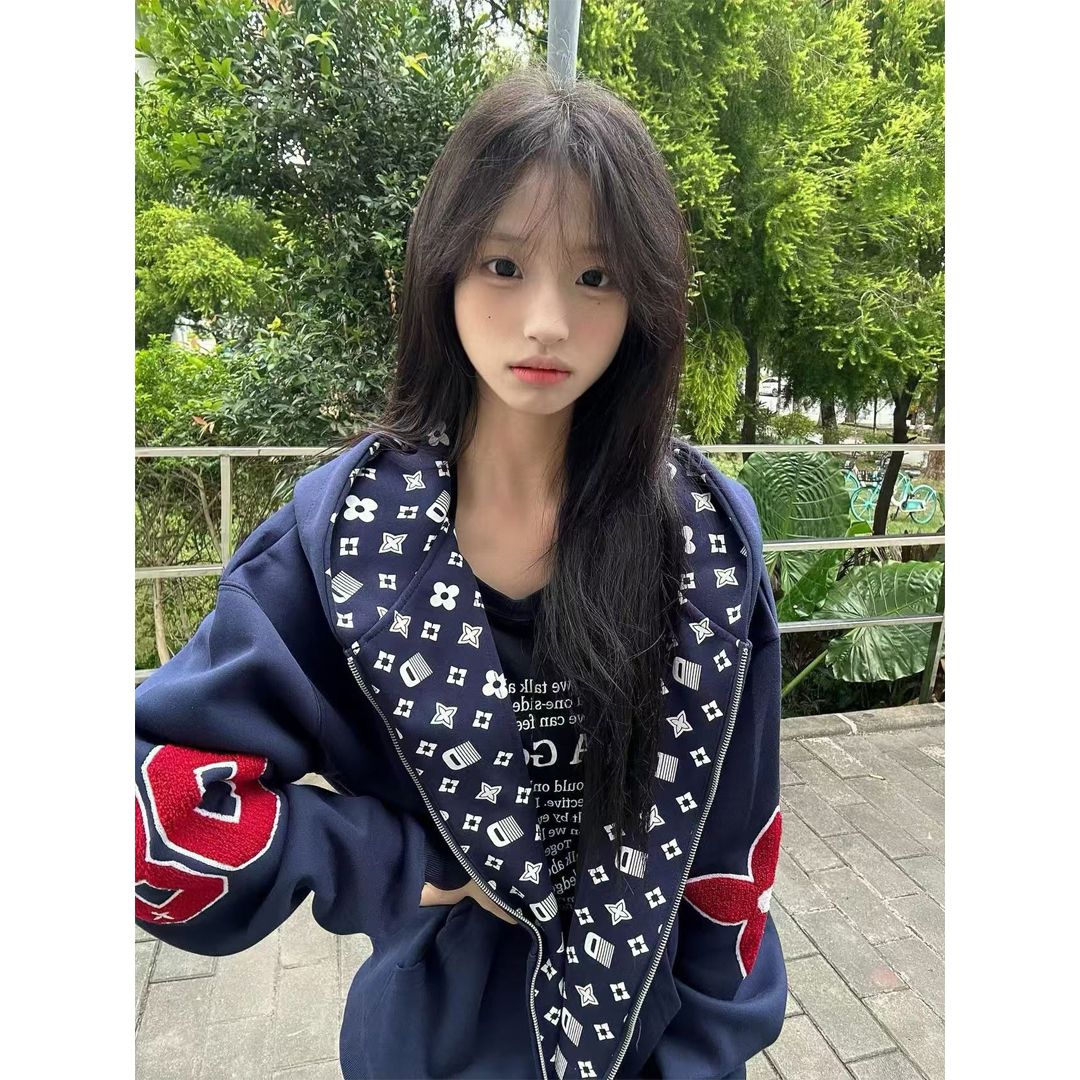 美式潮牌刺绣开衫连帽卫衣外套女秋冬新款宽松高街情侣装拉链上衣