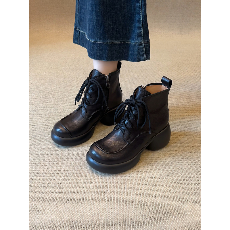 nnmiss·34-40/6.5cm英伦风复古圆头系带马丁靴百搭厚底粗跟小短靴