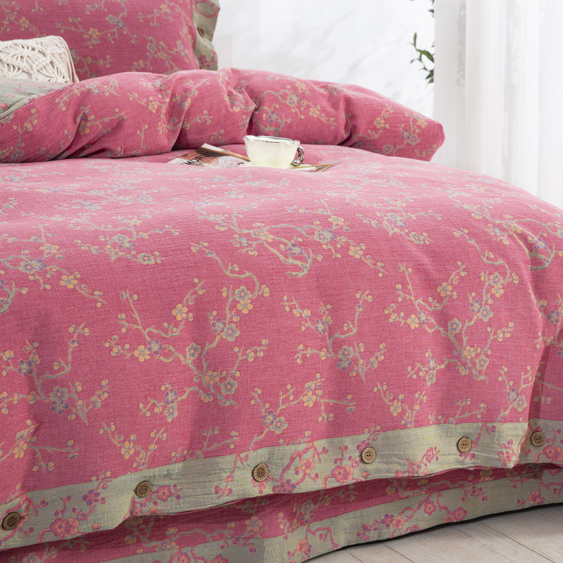 【全棉-粉色纽扣四件套合集】双层纱床单被罩四季家纺亲肤透气现货A