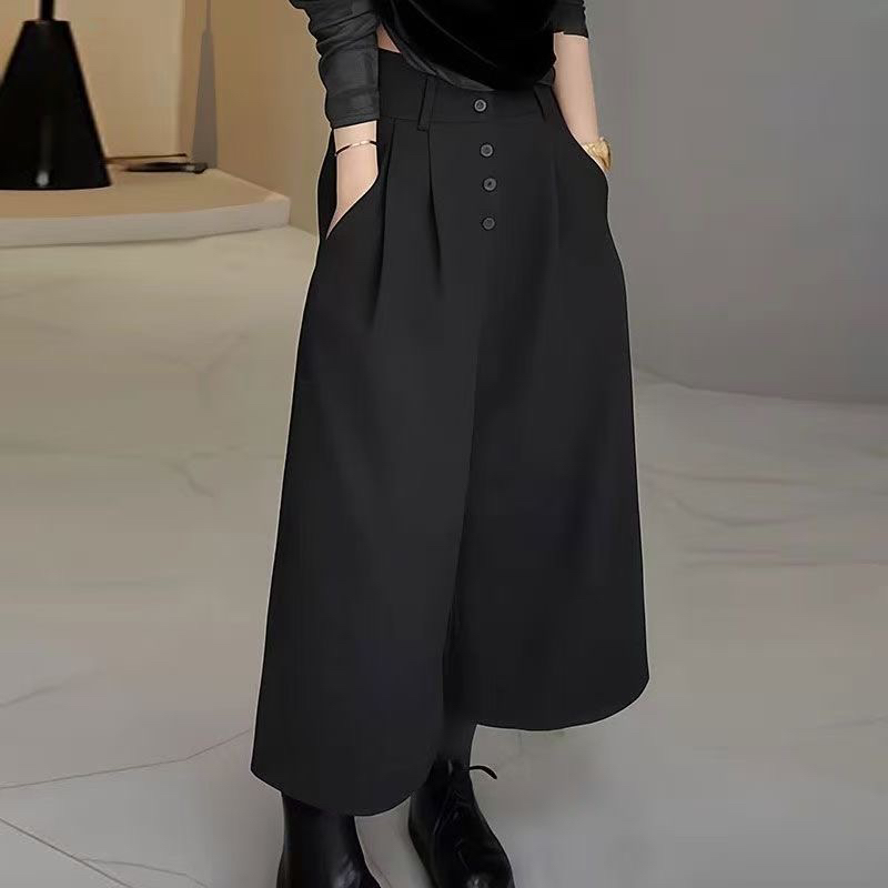 秋冬时尚高腰排扣压褶毛呢九分休闲裤直筒百搭排扣气质风阔腿裤