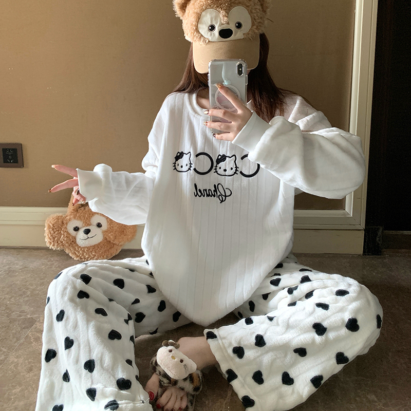 冬季保暖加厚米粒绒睡衣卡通KT猫简约休闲慵懒风可外穿睡衣家居服