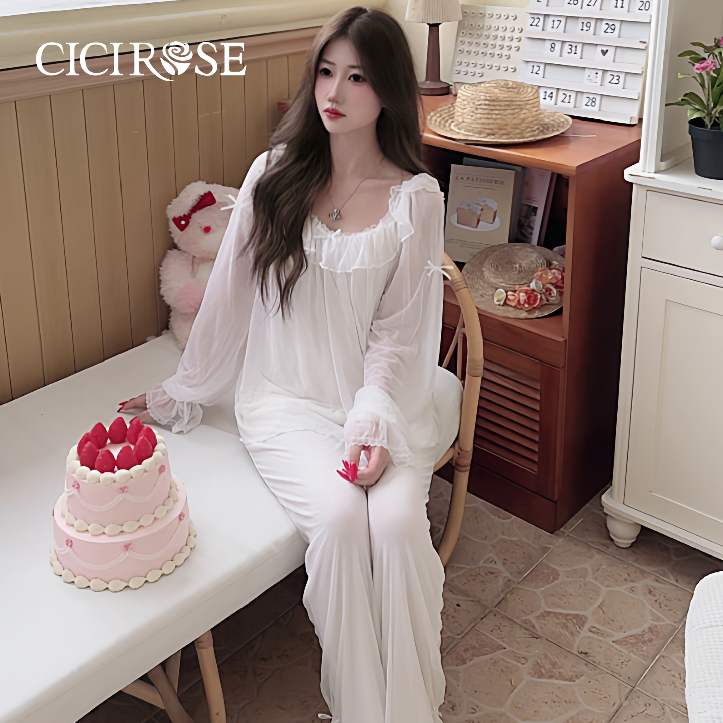 CiCiRose2025秋冬季新款冰丝网纱长袖甜美可爱公主风睡衣套装少女