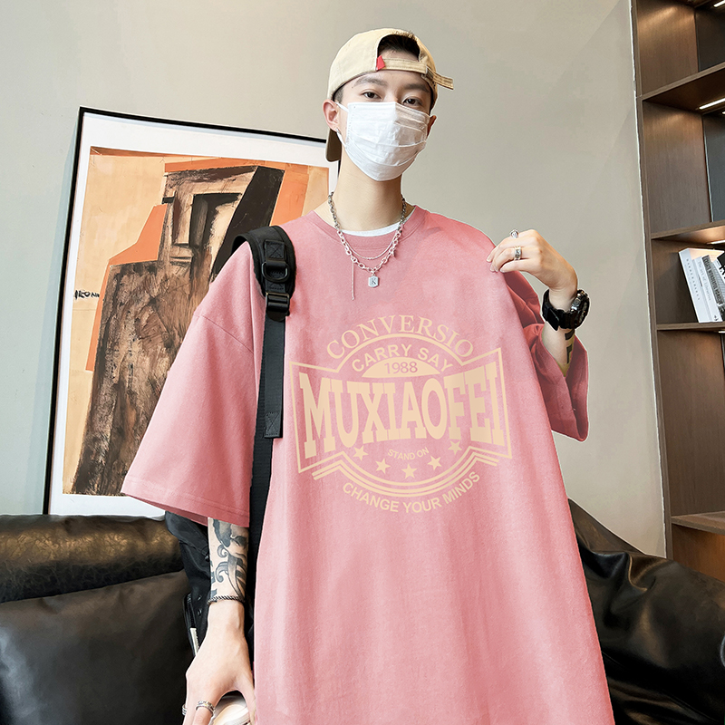 半袖宽松型国潮港风潮流大码短袖t恤百搭五分袖T恤印花休闲ins