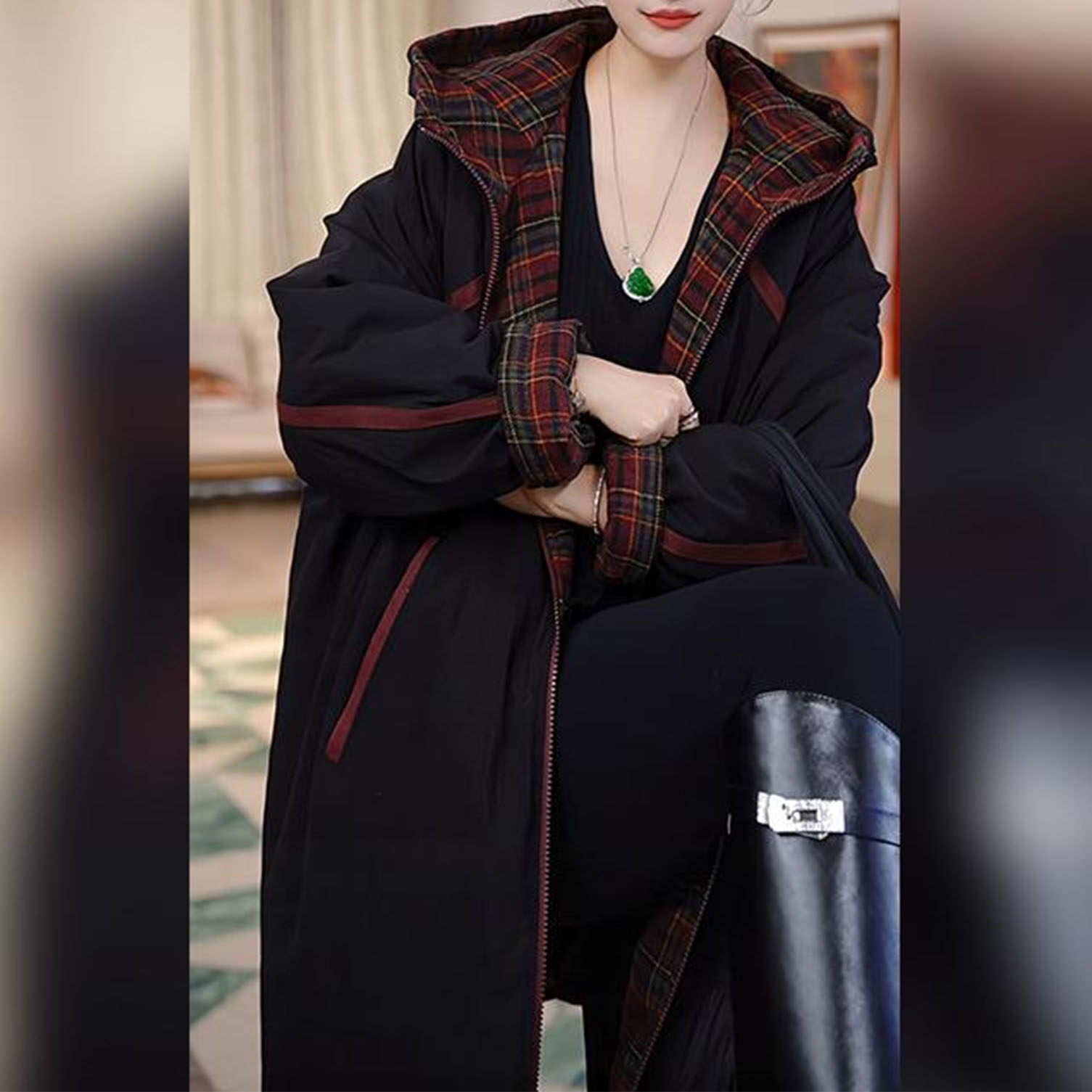 时尚设计款格纹拼接连帽棉服2025秋冬新款双面双穿中长款外套女潮