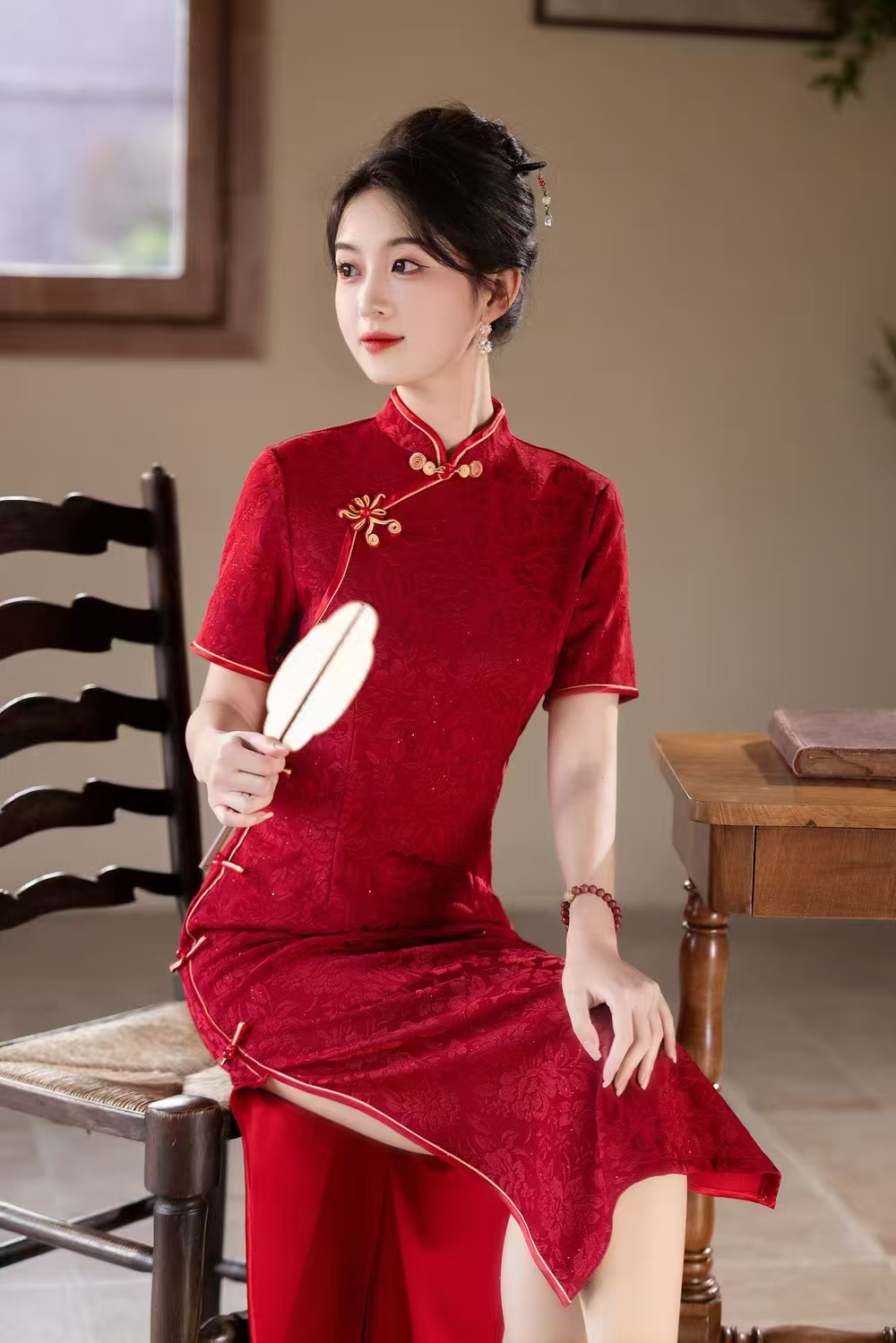 【好运连连】中国风中式婚庆夏秋季红色旗袍显瘦时尚A10