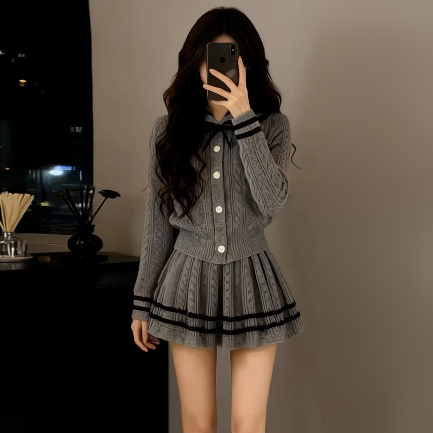 韩系学院风灰色针织连衣裙子女2025秋冬季新款小个子穿搭套装短裙