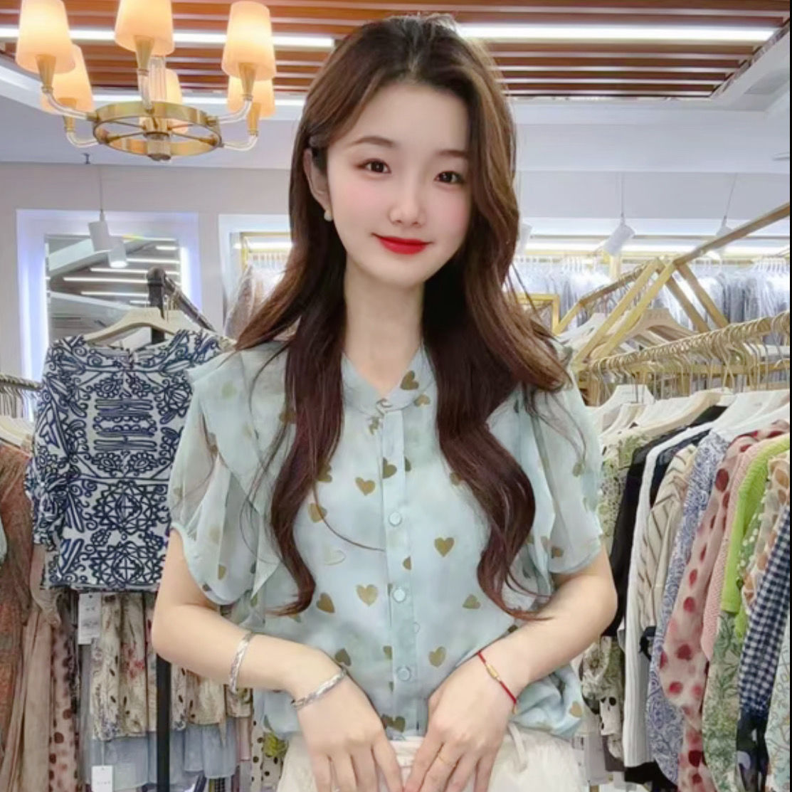 荷叶边波点印花短袖雪纺衫2025新款洋气减龄百搭夏季休闲小衫上衣