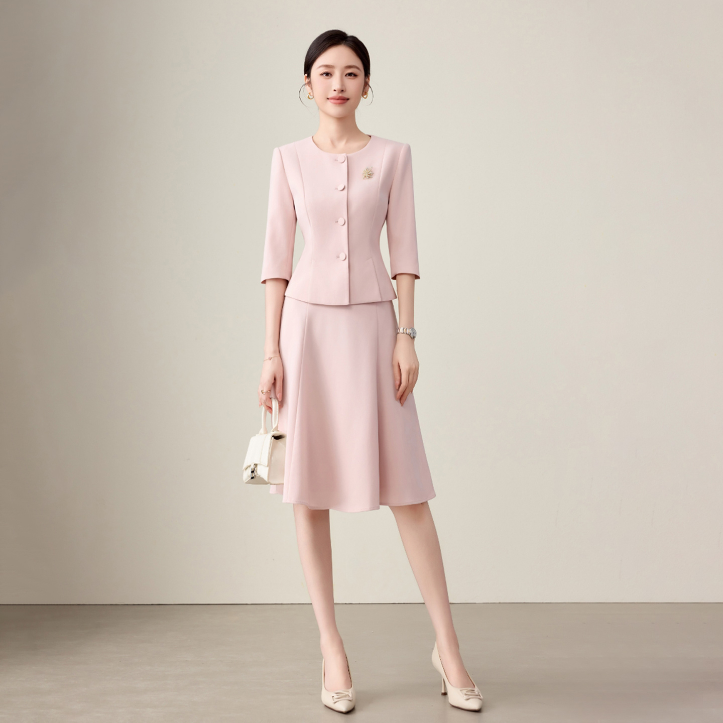 钟老板 高级感粉色西装套装2025新款职业装气质女神范伞裙两件套