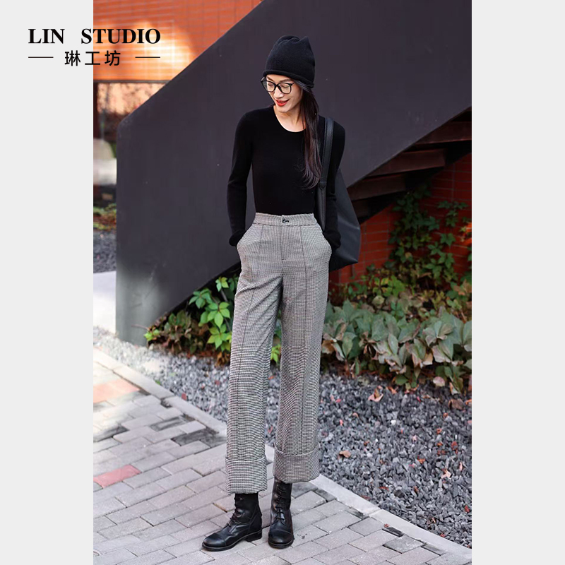 【100%绵羊毛】琳工坊“微见”黑白千鸟格阔腿裤复古干练气质唐琳设计