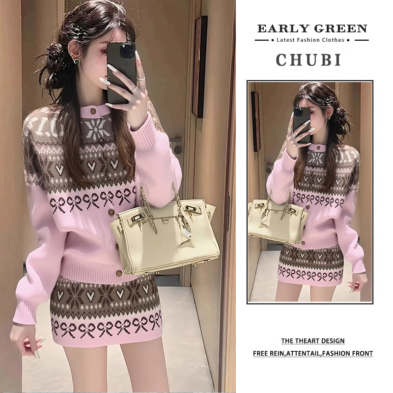 韩系秋冬穿搭小香风套装女2025新款粉色提花针织上衣半身裙两件套