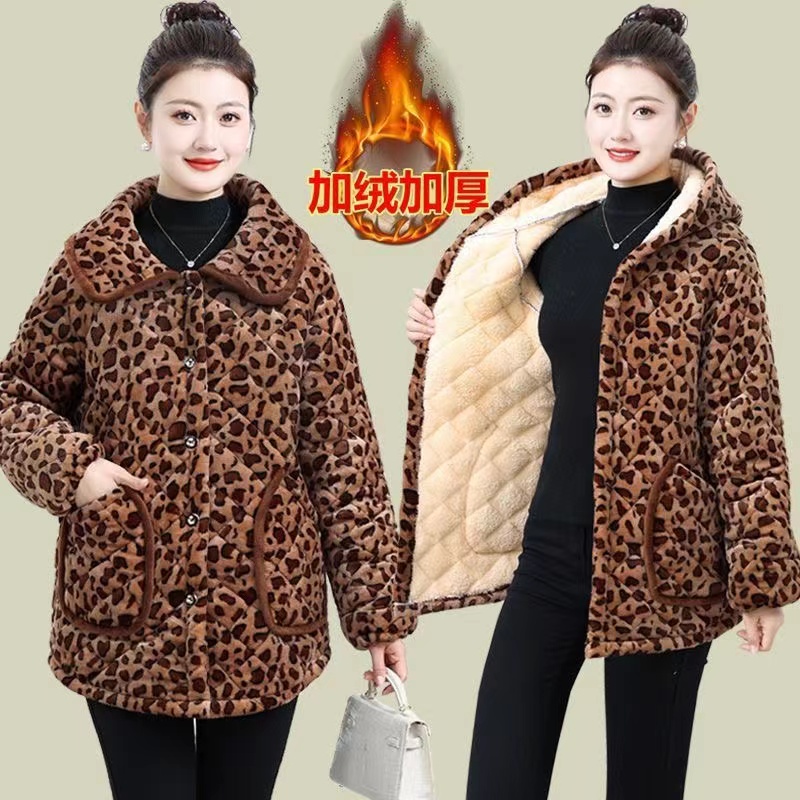 新款豹纹棉衣加绒加厚罩衣短款大衣棉袄外套时尚居家服外穿大褂女