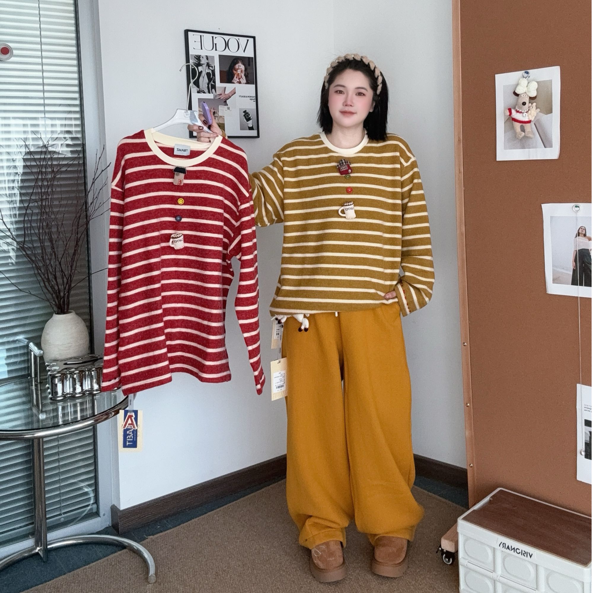 TBAMZ 手钩小屋咖啡杯德绒条纹长袖衫 65T1015