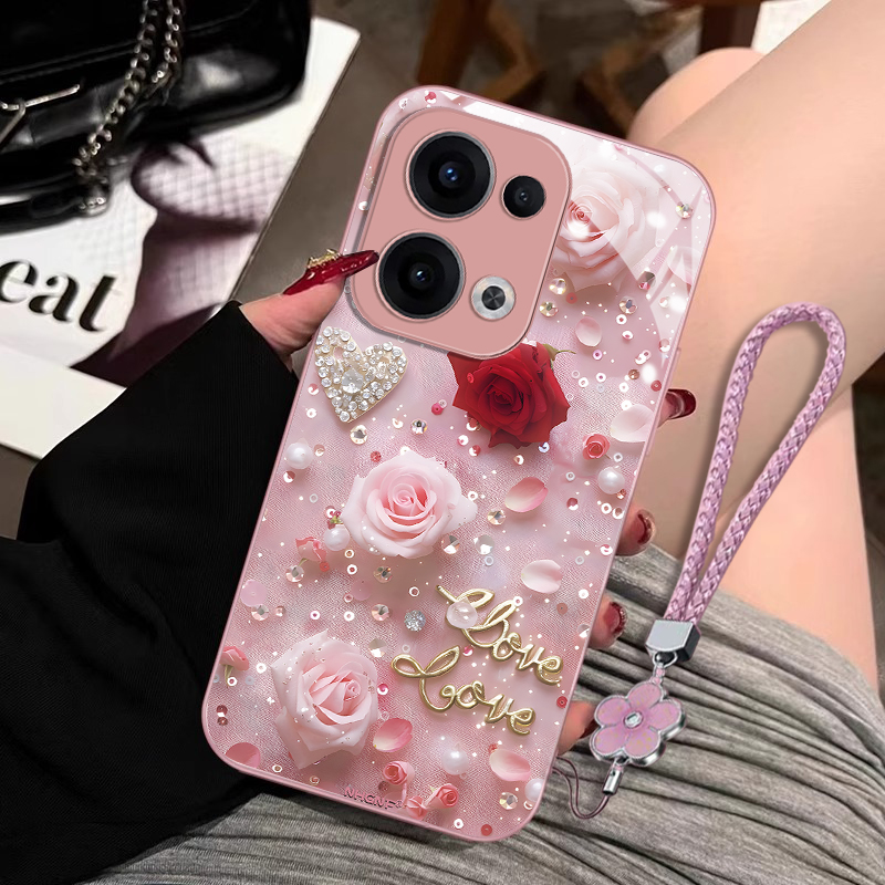 星钻玫瑰OPPOReno13手机壳PKM110散热轻奢耐脏玻璃壳全包防摔新款