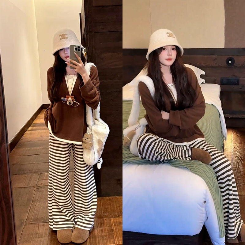 2025秋季新款设计感韩系慵懒风假两件长袖上衣女休闲条纹裤两件套