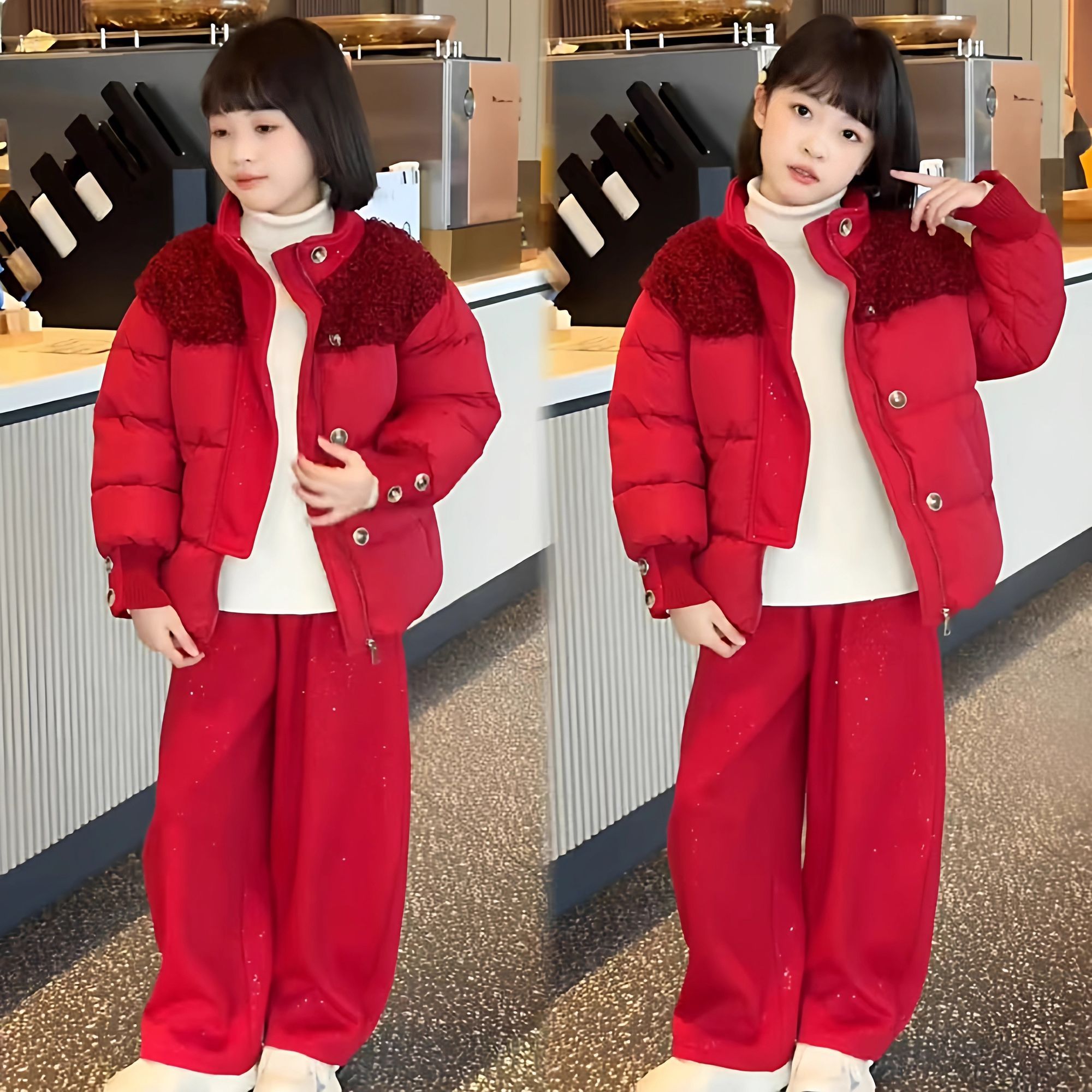 女童冬季加厚大红色棉服套装喜庆拜年服立领羊羔毛拼接棉袄休闲裤