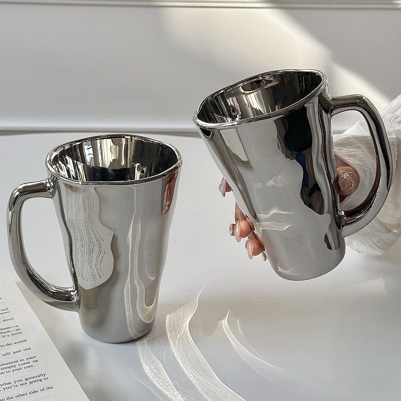 创意镭射银带把杯小众设计家用马克杯高颜值咖啡杯牛奶杯水杯玻璃