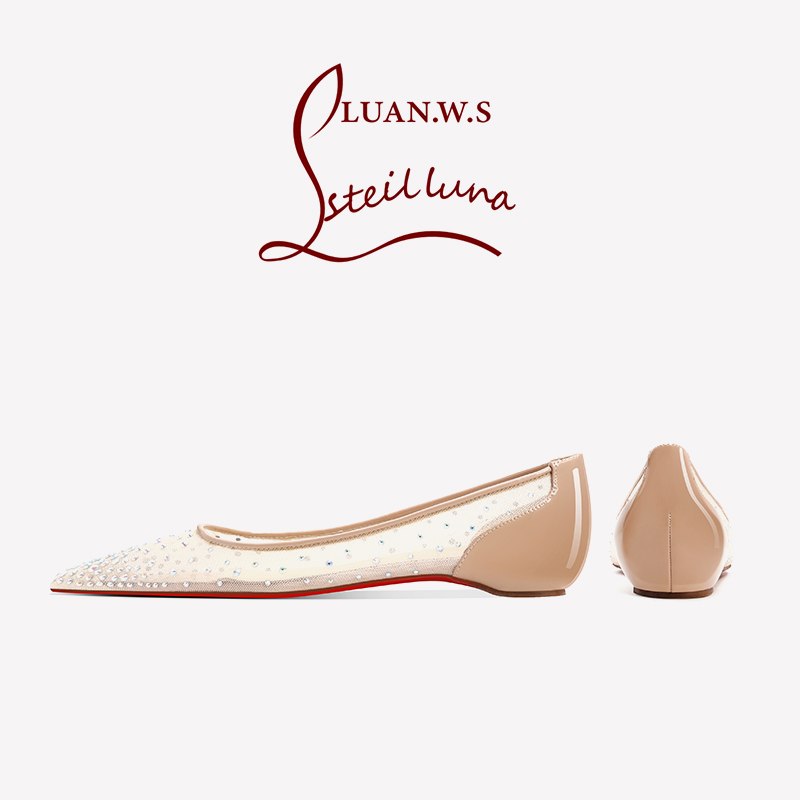 羊皮cl尖头裸色平底鞋女浅口仙女网纱水钻内增高单鞋女低跟红底鞋