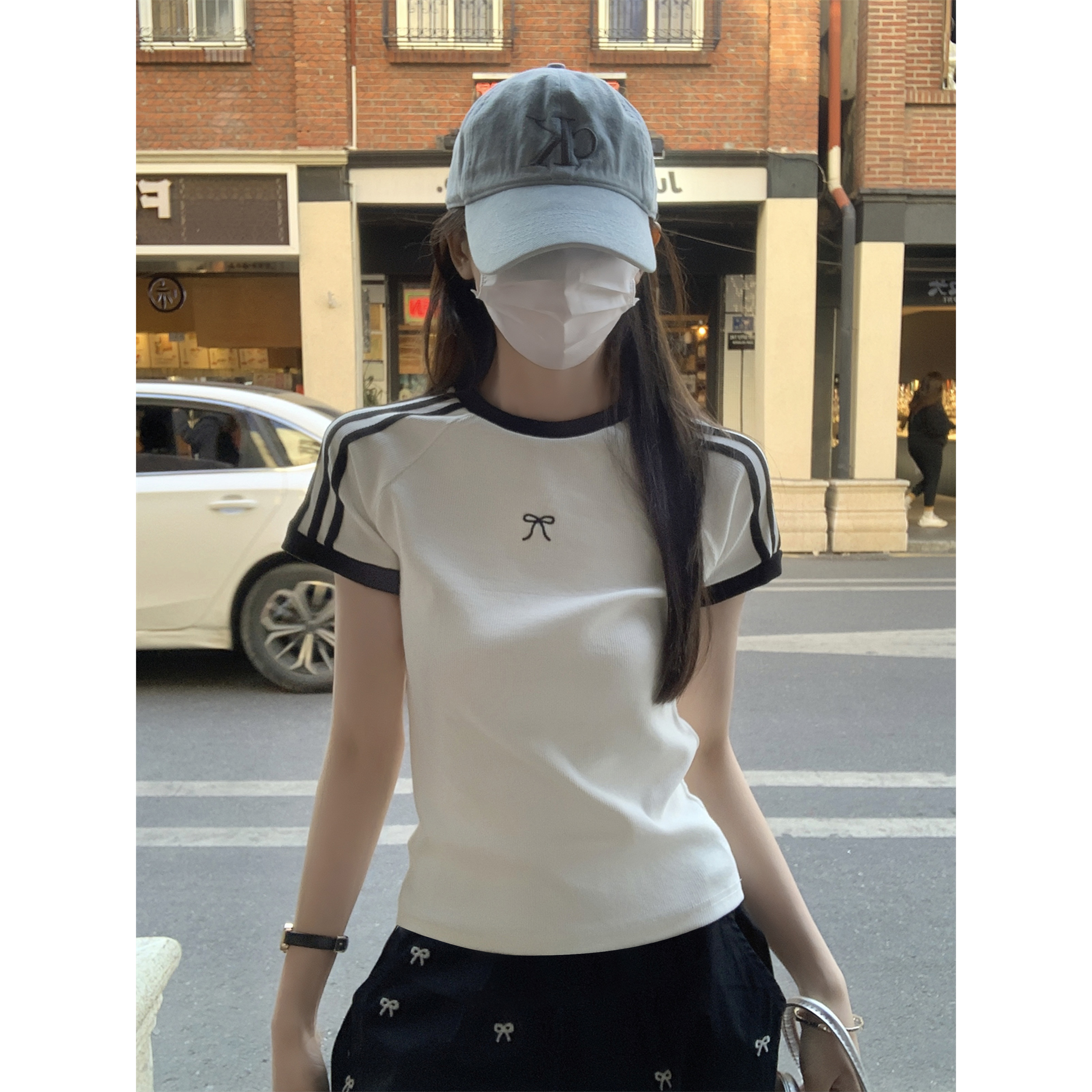 夏季时尚百搭韩版蝴蝶结修身显瘦短袖T恤女辣妹圆领短款上衣
