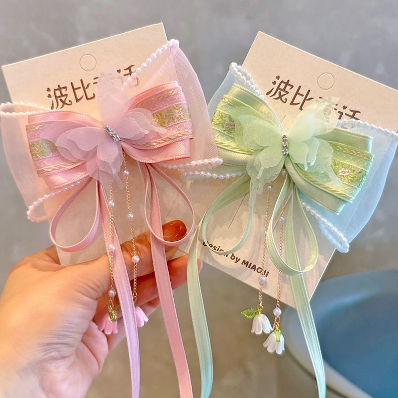 原创春新款甜美超仙蝴蝶结儿童飘带 铃兰花女童发夹网红发饰头饰