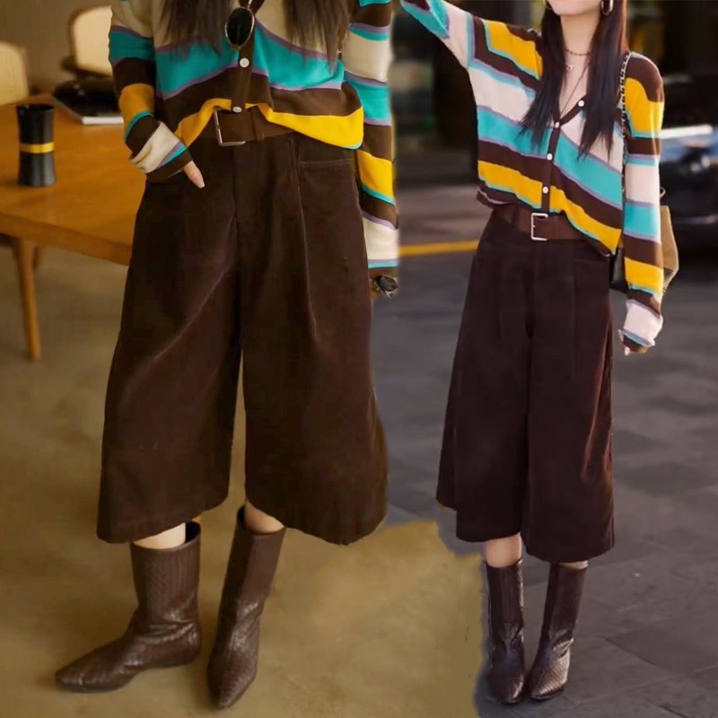 极简风复古口袋灯芯绒七分裤女宽松显瘦直筒阔腿裤休闲条绒八分裤