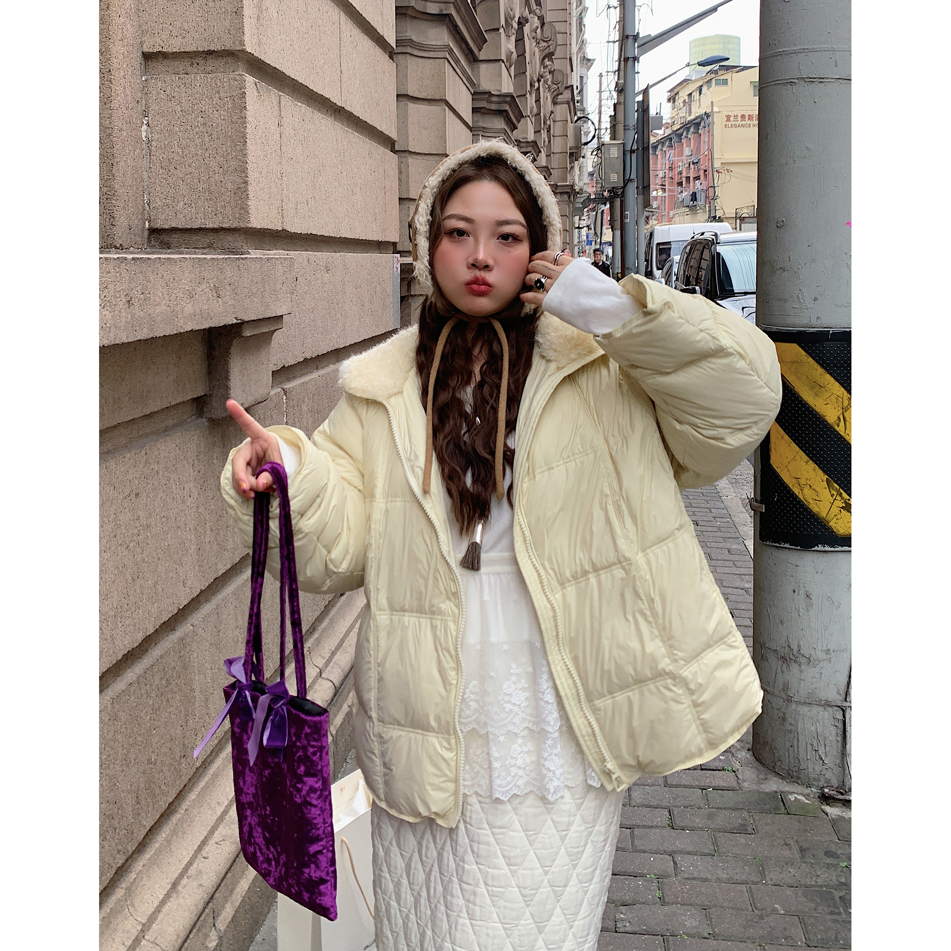 Dazi金大支毛毛领嫩色羽绒服女外套秋冬百搭大码设计感1126/0510