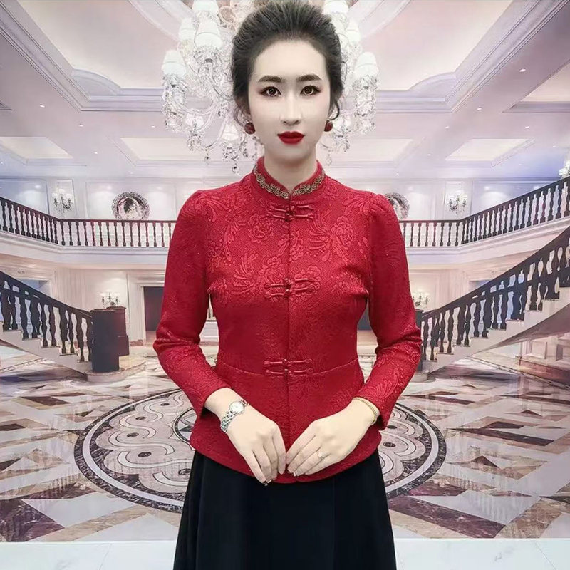 国风唐装加绒打底衫中老年妈妈时尚洋气盘扣旗袍衫洋气立领上衣女