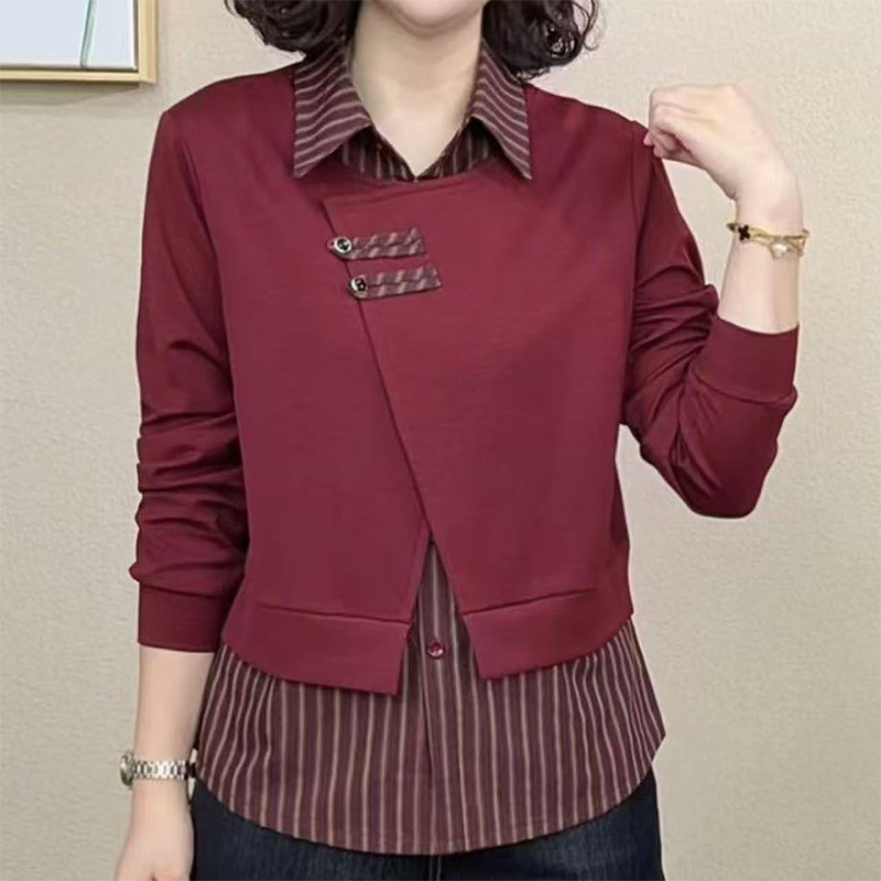 2025秋季新款时尚显瘦假两件设计感减龄拼接格子长袖上衣女